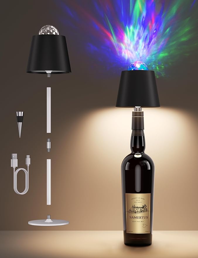 Joyzy Table Lamp with Projector Lighting, Wireless Wine Bottle Lamps Rechargeable Wine Bottle Lights Water Wave Ripple Projection Liquor Bottle Room Decoration Light Ambient for Bar Restaurants