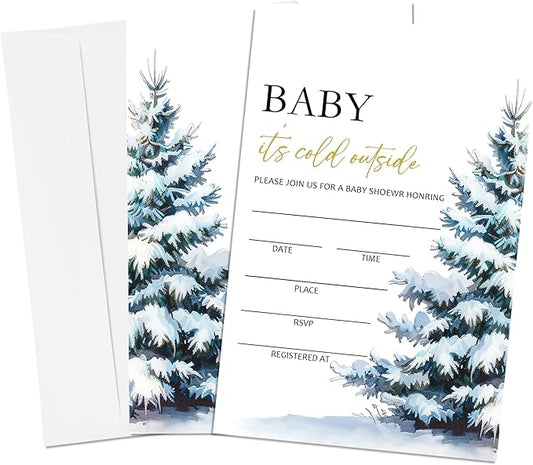 4'' x 6'' Baby It's Cold Outside Baby Shower Invitations - 25 Tree & Snow Invited Cards with Envelopes - Winter Announcement Invites for Boys & Girls, Gender Reveal Party Supplies & Decor -A04