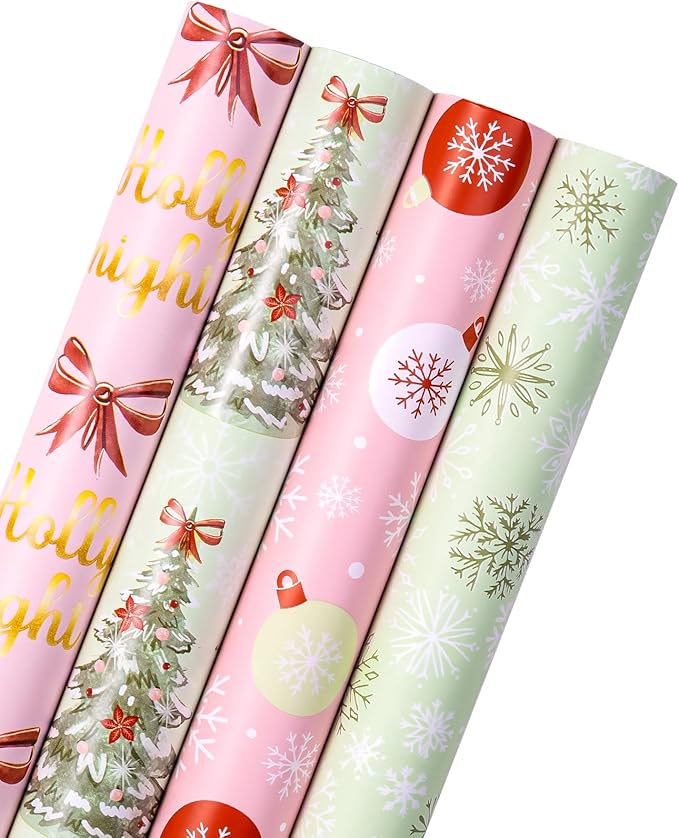 WRAPAHOLIC 30 Inch Christmas Wrapping Paper Roll - Jumbo Roll Light Green and Pink Christmas Tree, Snowflakes and Holly Red Bow Wrapping Paper - 4 Rolls - 30 Inch x 120 Inch Per Roll