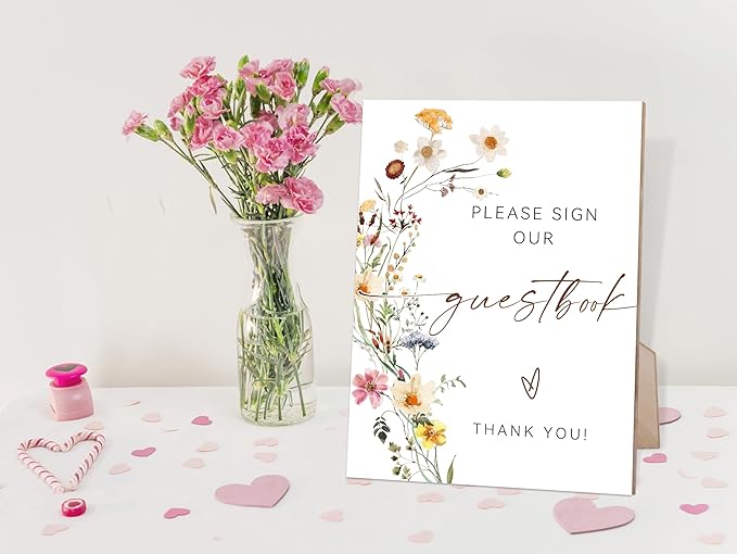 Flower Please Sign Our Guestbook Sign, Wedding Guest Book Alternative, Bridal Shower Party Decor, Table Centerpieces for Party, Wedding Guest Gifts, 6X8 Inch Wooden Bridal Shower Sign with Stand, 17
