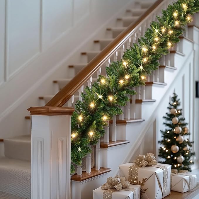 KING BIRD Pre-lit Christmas Garland, 9 FT by 12 Inch, Classic Green Christmas Garland with 50 Warm Lights 300 Branch Tips for Christmas
