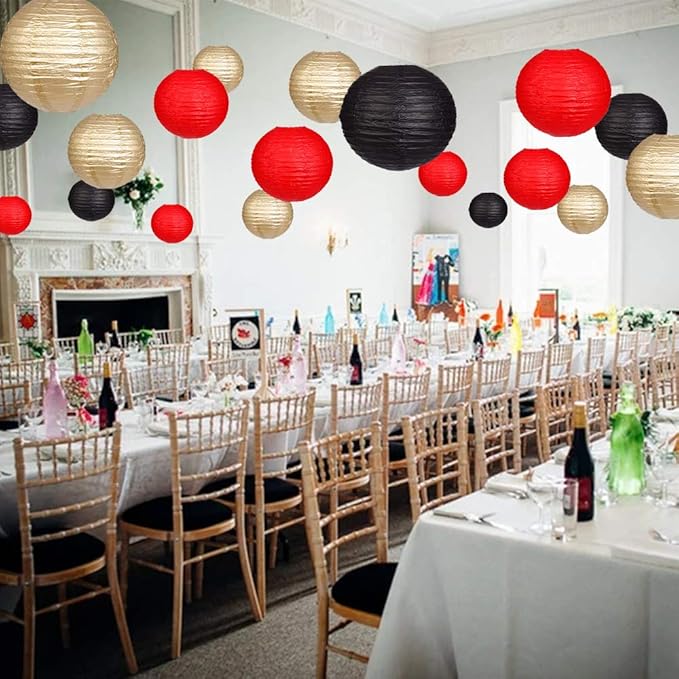 Paper Lanterns Decorative, Round Hanging Paper Lanterns Decorations for Wedding Graduation Anniversary Birthday Party Supplies Black/Gold/Red 15pcs