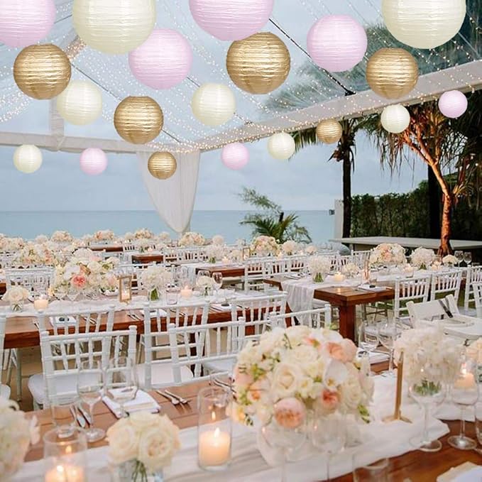 Paper Lanterns Decorative, Round Hanging Paper Lanterns Decorations for Wedding Engagement Baby Showers Birthday Party Supplies Pink/Gold/Ivory 15pcs