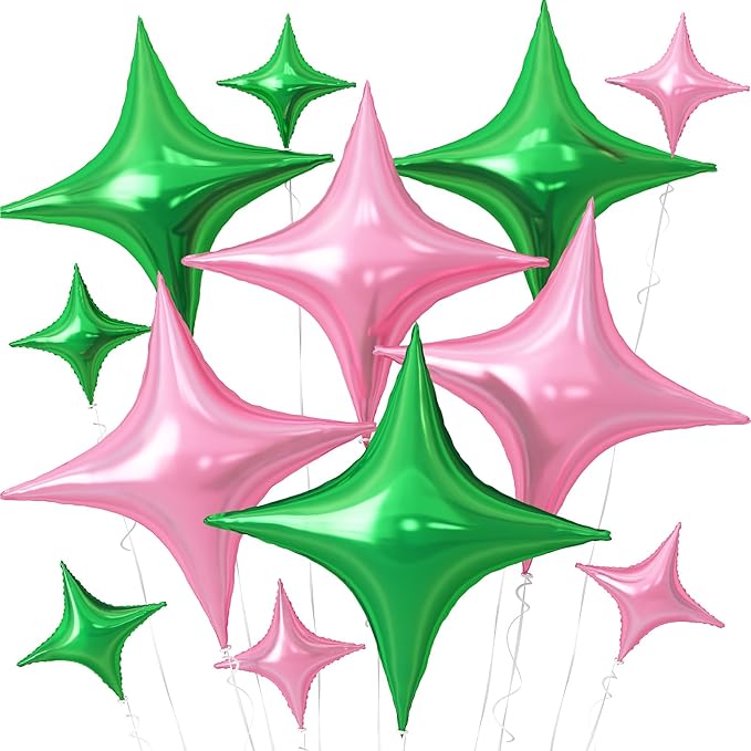 Pink Green Balloons,12Pcs Four Angle Star Foil Balloons,26Inch and 10Inch Pink Green Quadrangle Star Helium Polyester Film Balloon for Witch Birthday Anniversary Party Decorations