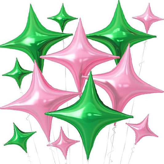 Pink Green Balloons,12Pcs Four Angle Star Foil Balloons,26Inch and 10Inch Pink Green Quadrangle Star Helium Polyester Film Balloon for Witch Birthday Anniversary Party Decorations