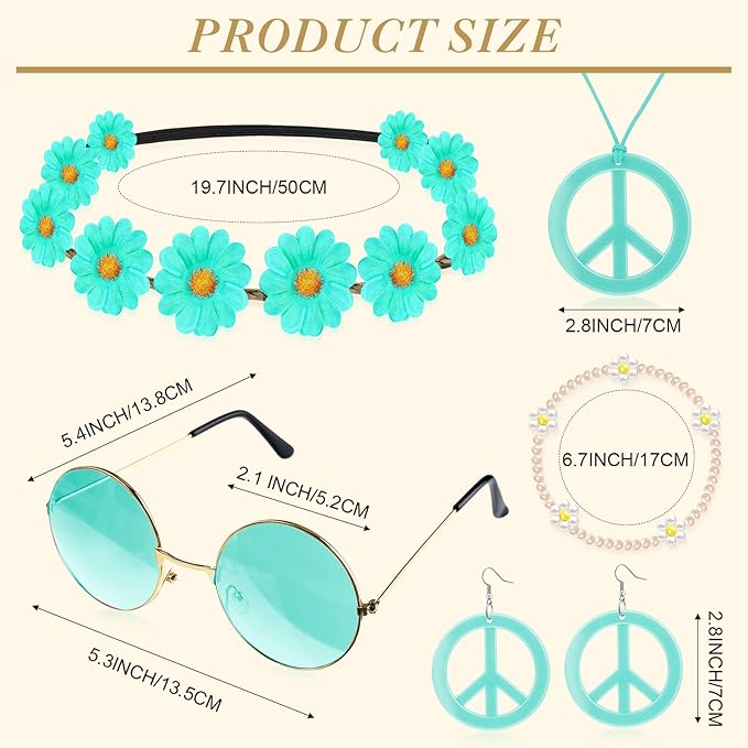 Batiyeer 6 Pcs Hippie Costume Accessories Set, Boho Peace Sign Daisy Flower 60s 70s Party Favors Decor for Groovy Party Women(Lake Blue)