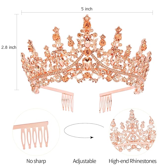 Velscrun Rose Gold Crystal Birthday Tiara Crowns for Women Girls Elegant Princess Crown with Combs Birthday Girl Headband Sash Happy Birth Party Decorations Birth Gift Hair Accessories