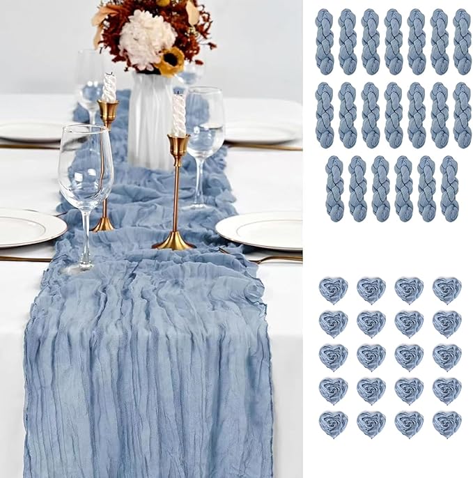 20PCS Dusty Blue Cheesecloth Table Runner 10ft Boho Gauze Fabric Cheese Cloth Table Runner Comes with 20 Cloth Napkins Runner for Romantic Wedding Birthday Shower Party Table Decoration