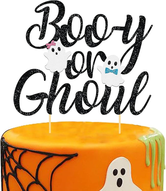 Halloween Boy or Girl Cake Topper for Baby Shower Gender Reveal Party Decorations (Black)