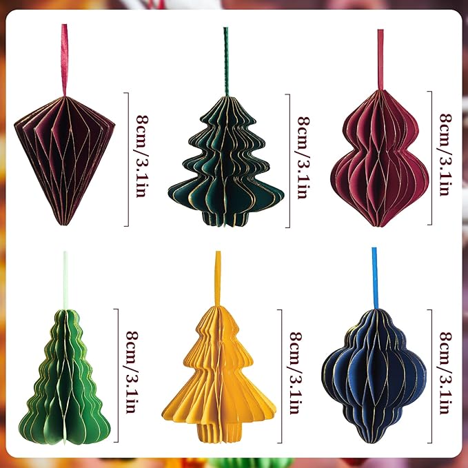 Paper Christmas Tree Ornaments, Red and Green Xmas Party Decorations, 6PCS 3D Mini Glitter Edges Paper Honeycomb Ornaments for Xmas, New Years, Holiday Home Decor