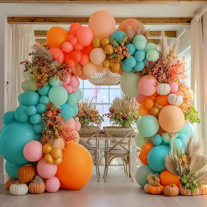 Pinbra Pastel Balloons Garland Kit Coral Pink Teal Blue Balloons Double Stuffed Light Green Orange Gold Metallic Latex Arch for Tropical Hawaii Luau Birthday Baby Shower Christmas Party Decorations