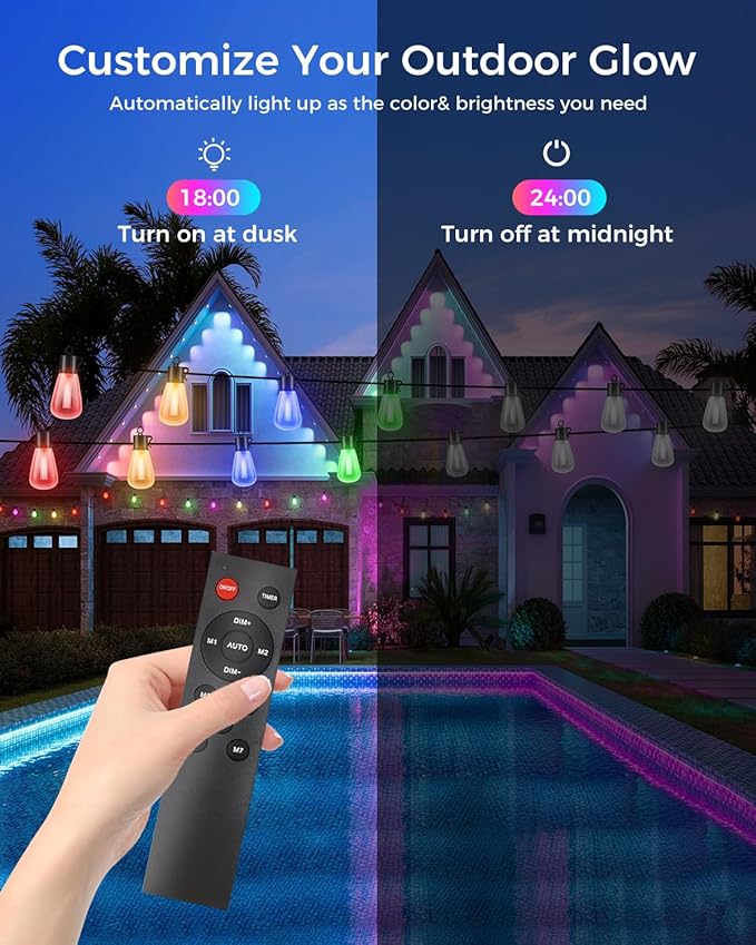litogo 60FT Color Changing Outdoor String Lights with Remote - Dimmable LED RGB Patio Lights for Outside with Shatterproof Waterproof Edison Bulbs for Yard Gazebo Party Wedding Holiday