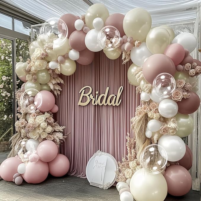Dusty Pink White Beige Balloon Arch - Double Stuffed Pink Mauve Pearl White Nude Gold Balloon Garland Kit Boho Blush Cream Balloons for Baby in Bloom Baby Shower Bridal Wedding Birthday Party Decor