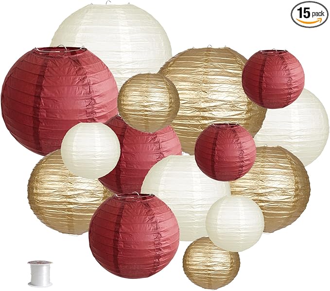 Paper Lanterns Party Decorations, Round Hanging Paper Lanterns Decorations for Graduation Bachelorette Wedding Birthday Party Supplies Maroon/Gold/Ivory 15pcs