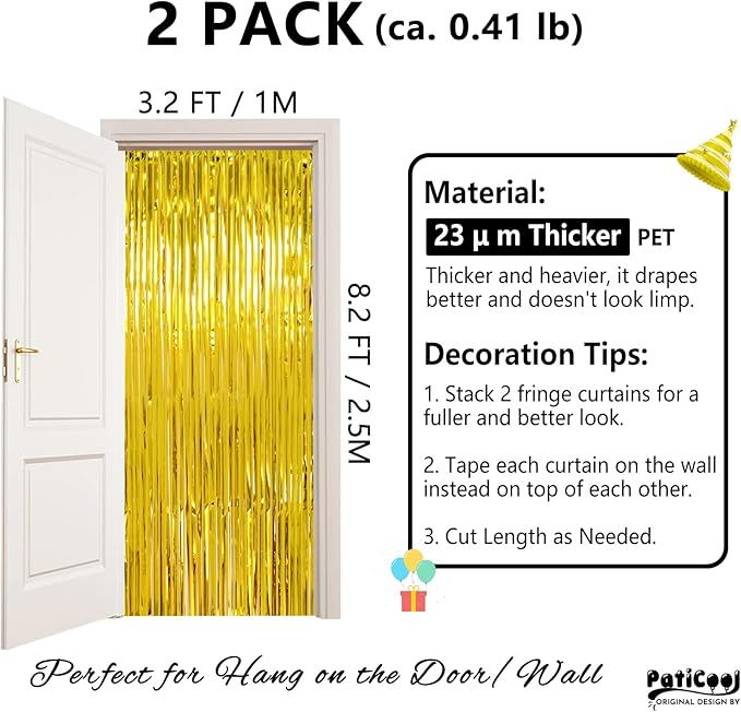 Gold Streamers Graduation Decorations - Thicken 2 Pack 3.2 x 8.2 FT - Golden Tinsel Foil Fringe Backdrop Curtains Party Backdrop for Birthday, Prom, Hollywood, Anniversary Party Decorations
