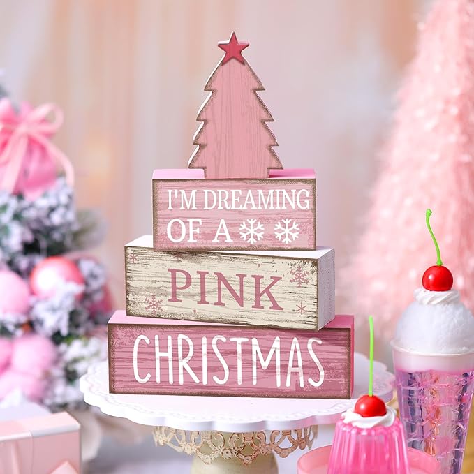 4 Pcs Christmas Table Decoration Wooden Pink Christmas Tree Centerpieces Decor Winter Tiered Tray Decor Rustic Decorative Tree Block Signs Gift Farmhouse Xmas Decoration for Home Kitchen