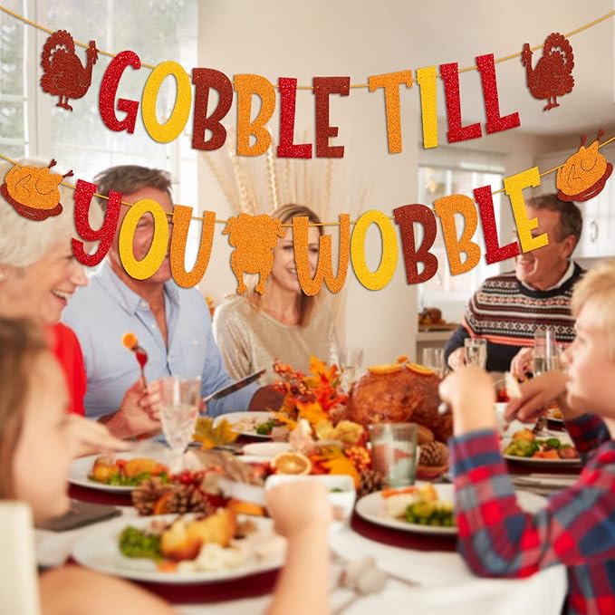 Gobble Till You Wobble Banner Thanksgiving Banner for Autumn Harvest Fall Thanksgiving Day Theme Family Kids Boy Girl Party Supplies Glitter Golden Decorations