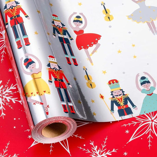 MAYPLUSS Christmas Wrapping Paper Roll - 17IN X 33FT - Nutcracker Gift Wrapping Paper Featuring Ballet Guitar Gold Star Reversible Snowflake for Kids, Holiday, New Year