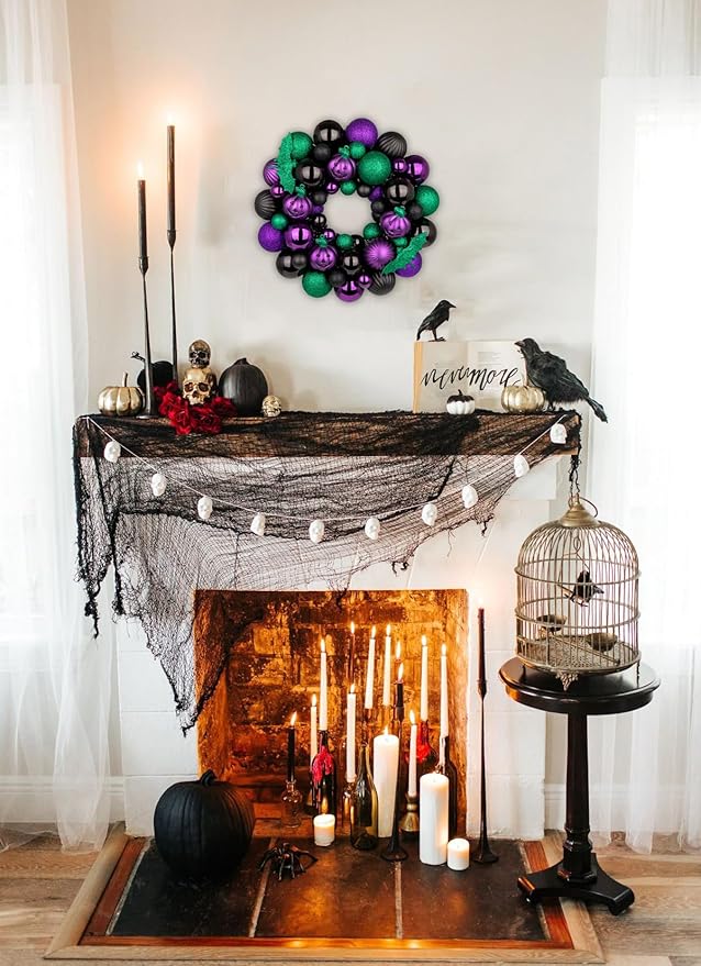 Halloween Wreath for Front Door, 13 inch Small Halloween Ball Wreath with Pumpkins Bats Shatterproof Front Door Wreaths Green/Purple/Black Ball Ornament for Wall Mantel Porch Indoor Outdoor Decor