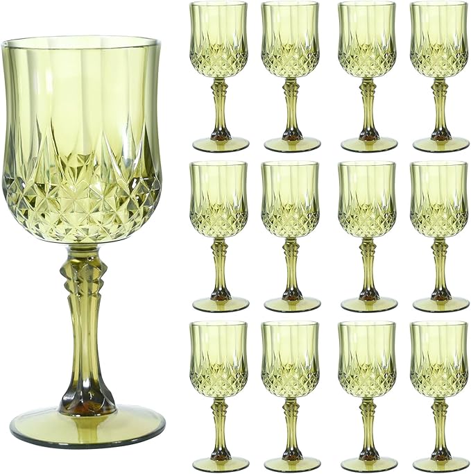 12 Pcs Plastic Green Wine Drinking Glasses, Plastic Water Goblets Green Vintage Reusable Drinkware Vintage Champagne glassware for Wedding Reception Grand Event Party, 7oz