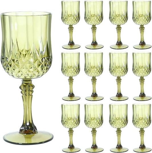12 Pcs Plastic Green Wine Drinking Glasses, Plastic Water Goblets Green Vintage Reusable Drinkware Vintage Champagne glassware for Wedding Reception Grand Event Party, 7oz