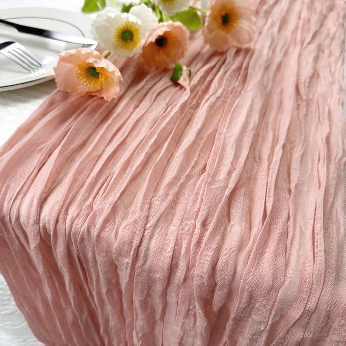 Booque Valley 6 Pack Dusty Pink Cheesecloth Table Runner 10ft Super Soft Boho Wrinkled Gauze Sheer Cloth for Baby Shower Baptism Birthday Party Wedding Centerpiece Table Decoration, 35x120 Inch