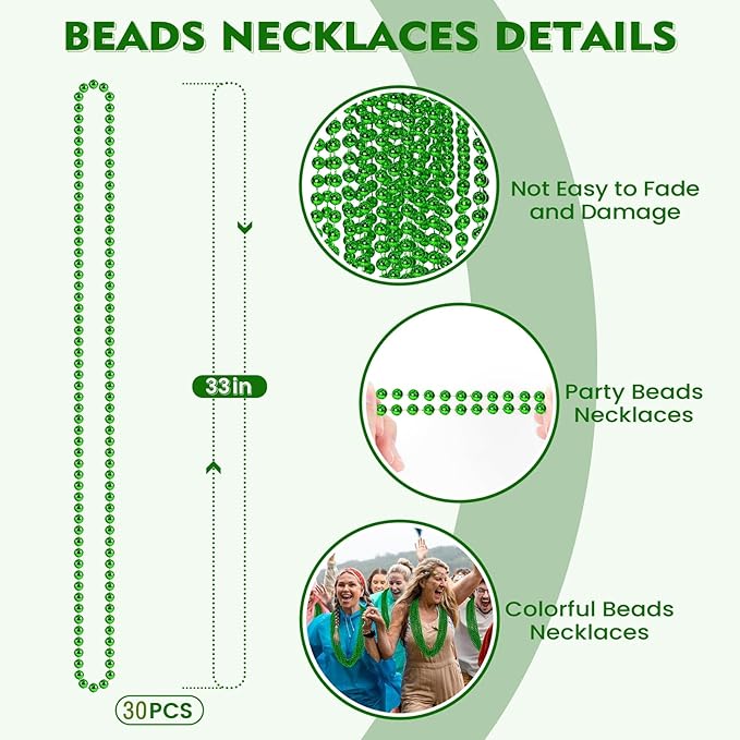 SHAOQINLIN 30 PCS St. Patricks Day Beads Necklace, 33" Green Mardi Gras Beads Christmas Necklaces Irish Saint Patricks Necklaces for St. Patricks Day Mardi Gras Parade Throws Birthday Party Favors