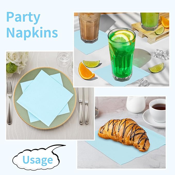 100 Pack Cocktail Napkins Disposable, 2-Ply 5" x 5" Party Napkins, Square Beverage Dinner Napkin for Wedding Birthday Party Anniversary Reception Bar Event (Light Blue)