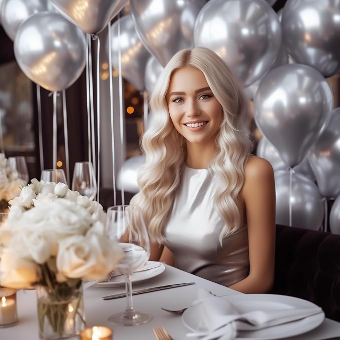 130PCS Metallic Silver Balloons, Latex Balloon Different Sizes 18/12/10/5 In, Helium Balloon with Ribbon, Party Balloon for Birthday Wedding Graduation Anniversary Baby Shower Decoration
