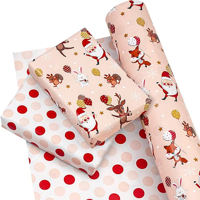 WRAPAHOLIC 30 Inch Jumbo Reversible Christmas Wrapping Paper - 30 Inch x 33 Feet - Red and Pink Dancing Santa Claus Reindeer and Colorful Polka Dots Design for Christmas, Holiday, Party