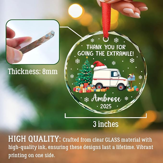 Personalized Mail Carrier Christmas Tree Ornament 2025, Thank You for Going The Extra Mile! Glass Ornaments for Postman, Postal Worker Christmas Keepsake Gifts, Mailman Xmas Ornament Custom Name