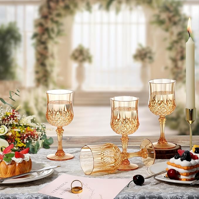 XUWAIDSGN 24 Pcs 7oz Plastic Vintage Wine Glasses Drinking Glasses Unbreakable Wedding Glassware Crystal Water Goblets Reusable Drinkware Vintage Champagne Flutes (24, Amber)