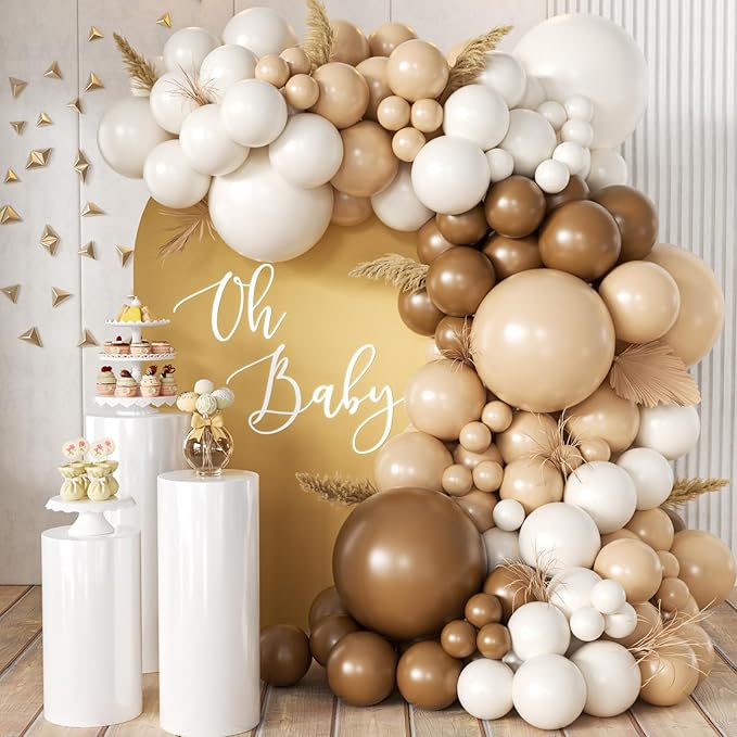 Boho Brown Balloon Garland Arch Kit, 166Pcs Coffee Brown Nude White Balloons for Neutral Bear Bridal Baby Shower Birthday Party Decorations