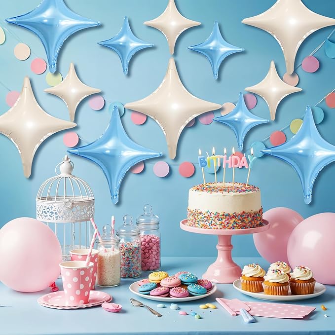 Blue White Star Balloons,12Pcs Four Angle Star Foil Balloons,26Inch and 10Inch Blue Cream White Quadrangle Helium Balloon for Birthday Baby Shower Anniversary Party Decorations