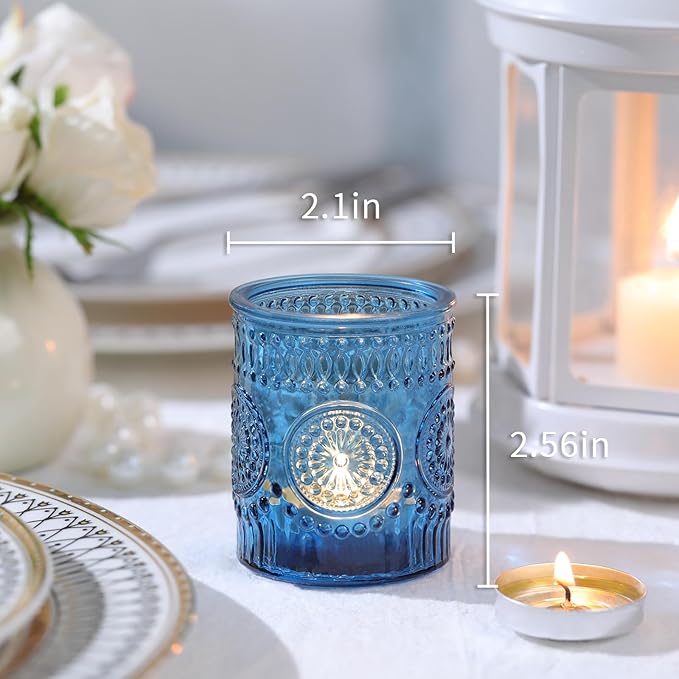 Blue Votive Candle Holder Set of 12, Glass Tea Lights Candle Holders for Wedding Table Centerpieces, Birthday Parties, Home Decor and Holiday Decor