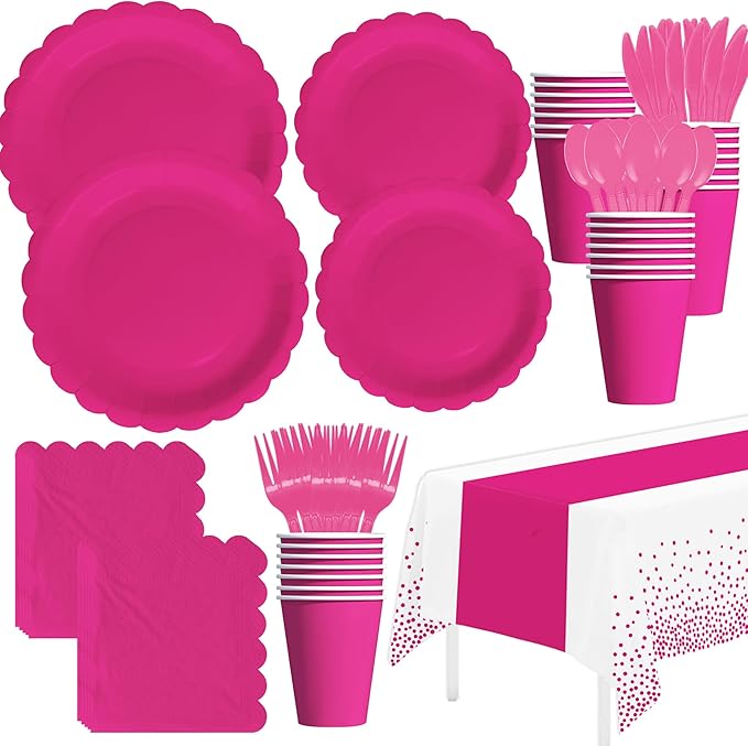 Hot Pink Party Decorations Supplies Tableware, Hot Pink Paper Plates And Napkins, Tablecloth Printed Table Runner, Cutlery, for Birthday Baby Bridal Shower Wedding Anniversary, Serves 24