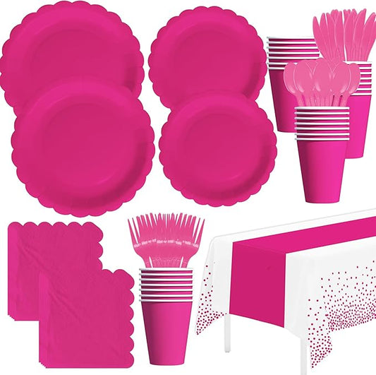 Hot Pink Party Decorations Supplies Tableware, Hot Pink Paper Plates And Napkins, Tablecloth Printed Table Runner, Cutlery, for Birthday Baby Bridal Shower Wedding Anniversary, Serves 24