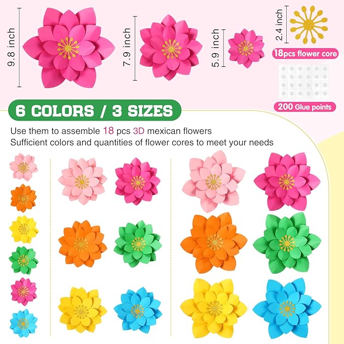 18 Pcs Mexican Paper Flowers Decor for Wall DIY Paper Fiesta Bulletin Board 3D Colorful Mexican Backdrop Decoration for Classroom Back to School Carnival and Holiday Party(Lotus-Shaped,Rainbow)