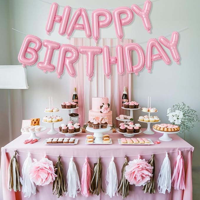 Pink Happy Birthday Balloon Banner, 16 Inch Pastel Pearl Baby Pink Self Inflating Happy Birthday Mylar Foil Balloon, Birthday Bunting Banner Letter Balloons for Girls Women Birthday Party Decorations