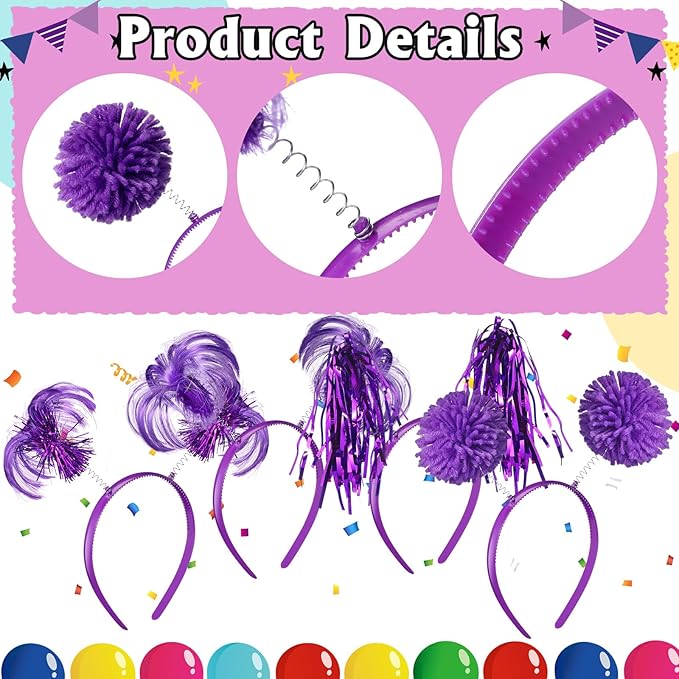Censen 24 Pcs Pom Pom Headband Tinsel Wrapped Ponytail Head Bopper Costume Headwear Halloween Party Accessory