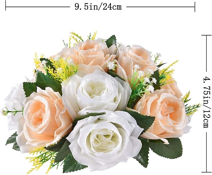 Artificial Flowers Kissing Ball, 2 Pcs Faux Flower Balls Fake Flower 15 Heads Plastic Roses with Base Wedding Bouquets Party Table Decor Home Decor Bouquet for Wedding Centerpieces (Champagne White)