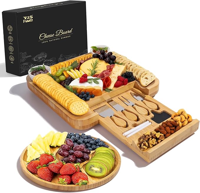YZS Bamboo Charcuterie Boards Set -Unique Cheese Board with Accessories - Perfect for Housewarming, Weddings, Bridal Showers, Birthday Gifts, Parties, Eco-Friendly & Elegant Design