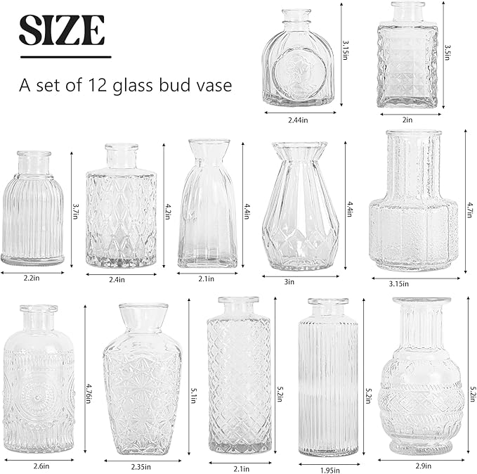 Set of 12 Glass Bud Vase Set, Small Vintage Clear Flower Vase Centerpieces for Table Bulk Cute Rustic Style Mini Vase for Home Decor Wedding Baby Shower Birthday Party