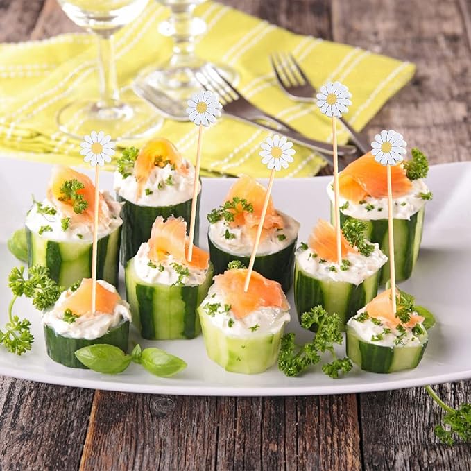 Daisy Cocktail Picks Springtime Floral Decorative Toothpicks Fruit Sticks Food Sandwich Appetizer Charcuterie Skewers, for Spring Flower Sunflower Daisy Decorations Boho Groovy Party Supplies