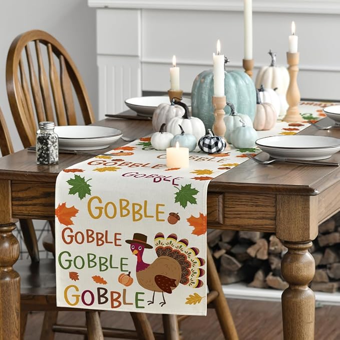 Artoid Mode Gobble Turkey Maple Leaves Thanksgiving Table Runner, Seasonal Fall Harvest Holiday Kitchen Dining Table Decoration for Indoor Outdoor Home Party Decor 13 x 36 Inch