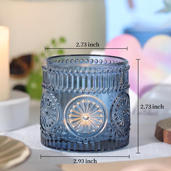 6Pcs Large Votive Candle Holders Blue Glass Tealight Candle Holders for Wedding, Table Centerpiece, Party, Birthday, Home Decor