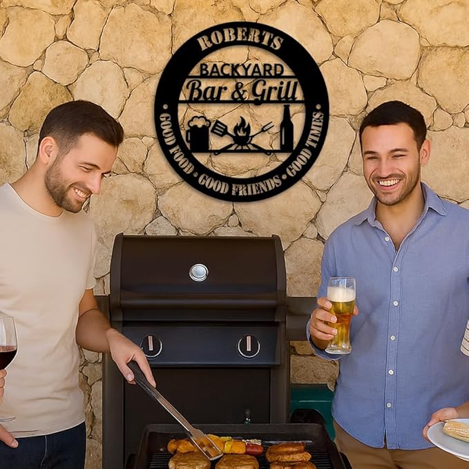 Custom Backyard Bar and Grill Metal Sign, Personalized Outdoor Patio Plaque with Beer and BBQ Design, Rustic Wall Art for Home Bar or Garden, Gift Idea for Birthday, Christmas, Holiday Parties