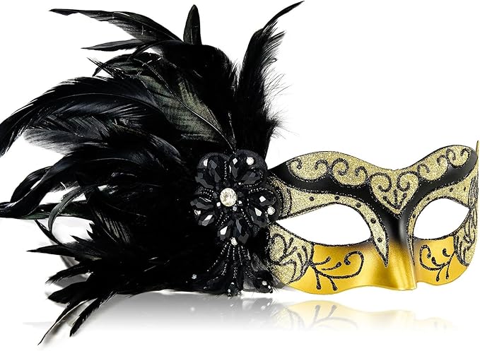 2025 New Gold and Black Masquerade Masks for Women with Feathers - Womens Mascarade Venetian Mask- Lady Mask for Masquerade Party, Mardi Gras, Halloween Cosplay Prom, Christmas, Birthday, Wedding