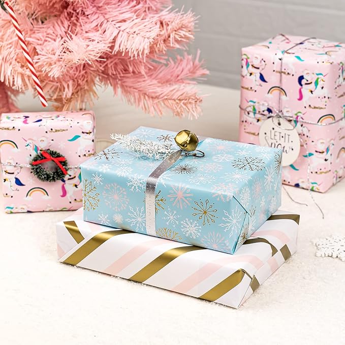 MAYPLUSS Pink Christmas Wrapping Paper Roll - Mini Roll - 17in X 120in Per roll - 3 Different Pink & Blue Design,Foil Strip/Snowflakes/Unicorn,for Xmas,New Year,Girl Christmas Gift Wrap (42.5sq.ft)