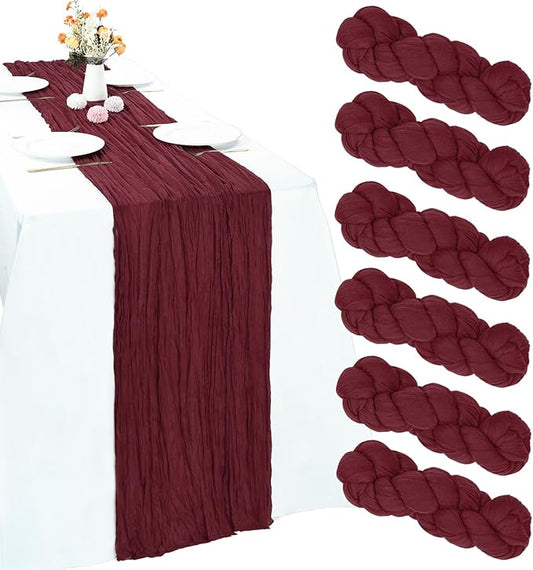 6 Pack Burgundy Cheesecloth Table Runner 10FT Boho Gauze Cheese Cloth Fabric 35 x 120 Inch Rustic Sheer for Christmas Fall Thanksgiving Centerpiece Wedding Decor Baby Shower Party Decoration